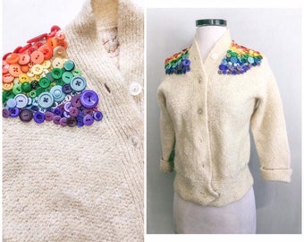 One of A Kind Reconstructed Vintage Button Cardigan / Rainbow Button Yoke / Hand Sewn Multiple Vintage Buttons / Pride Rainbow Sweater