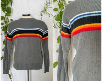 Mens Vintage 1990s Sweater / Rainbow Striped Sweater Vintage 80s 90s Grey & Bright Color Striped Sweater / Pullover Knit Crewneck Mens Sz XL