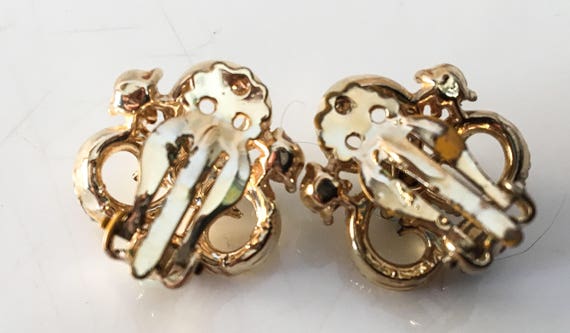Mid Century Clip On Rhinestone Earrings / Gold & … - image 4
