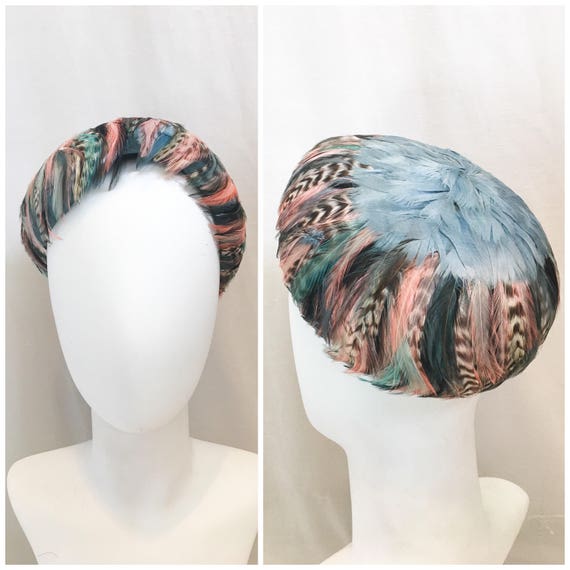 Vintage 1950s Feather Hat // Blue & Pink Sculpted