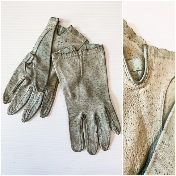 Vintage Deerskin Leather Gloves / Sage Green Soft… - image 2