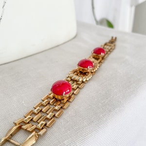 VTG Red & Gold Jewelry Set / 1980s does 1940s Gold Chain Link Necklace and Bracelet Red Stones / 80s 40s Gold and Red Bracelet and Necklace image 5