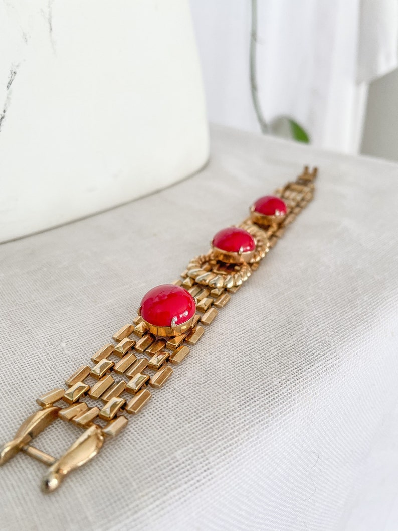 VTG Red & Gold Jewelry Set / 1980s does 1940s Gold Chain Link Necklace and Bracelet Red Stones / 80s 40s Gold and Red Bracelet and Necklace image 5