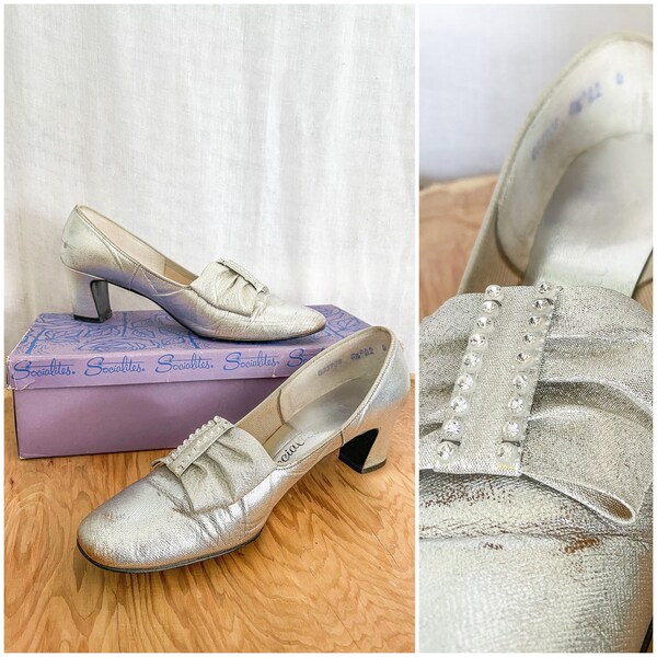 Vintage Silver Lurex Shoes / 1960s Shoes Silver Metallic Leather Heels Pumps / Mod Silver & Rhinestone Shoes / 60s Socialites Pumps Sz 8.5