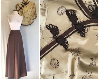 VTG 70s Sum Foo Blouse and Skirt / 1970s Chinese Traditional Silk Blouse & Long Skirt / Brown Beige, Malaysia Wedding Tea Cermoney Dress Set