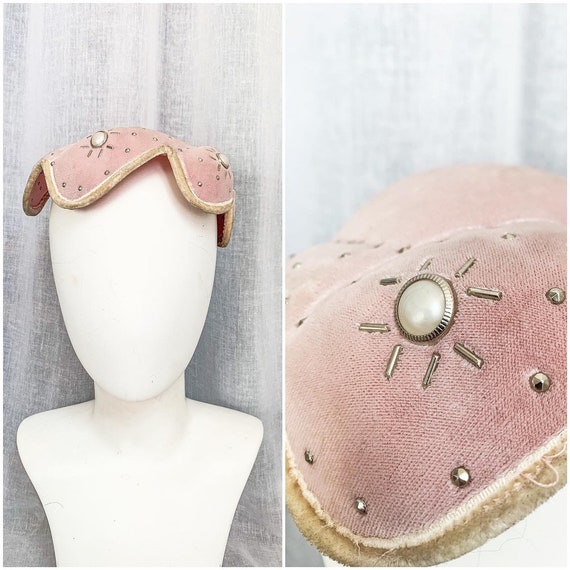 1950s Pink Velvet Crescent Hat w/ Unique Tulip Sha