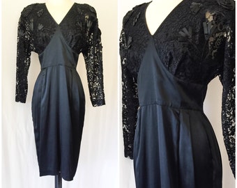 Vintage 80s Black Cocktail Dress, Nancy Johnson Lace Appliqué, Size 8