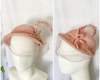 Vintage Pink Fur Felt Cloche Hat, Rhinestone Bow Veil, 1950s-60s