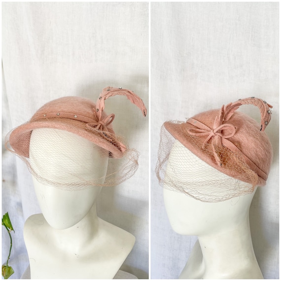 Vintage Pink Fur Felt Cloche Hat, Rhinestone Bow Veil, 1950s  display picture 1