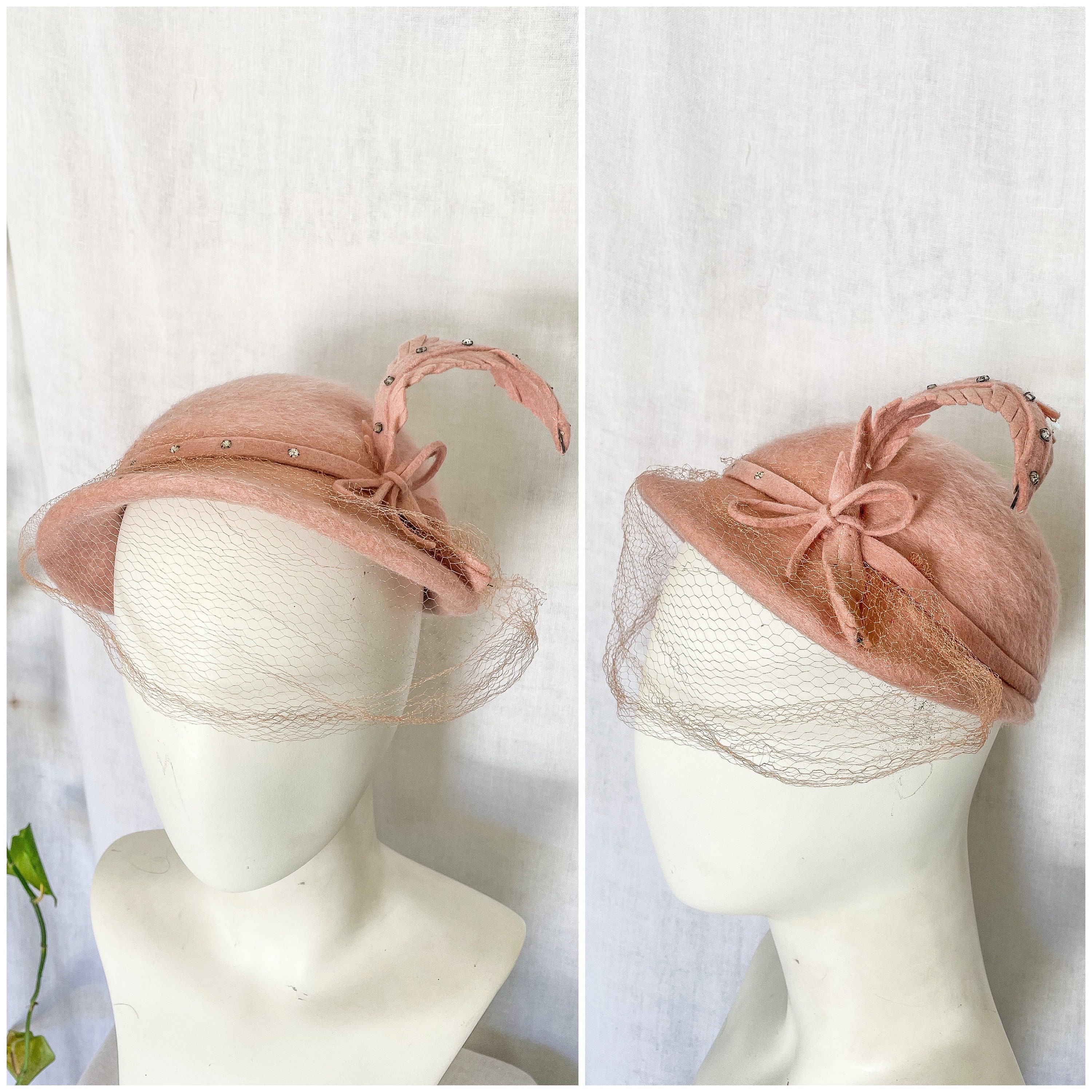 Elegant Vintage Pink Fur Hat with Bow and Rhinestone detailing Brigitte main image 2