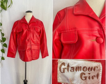 Vintage 60s Faux Leather Red Jacket by Glamour Girl Made in Japan / 1960s MOD Kids Jacket / Red Vegan Leather Jacket / Pleather Jacket Sz 10