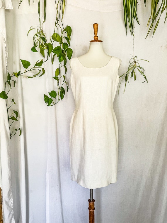 Vintage White Linen Dress by Sake / 1990s Medium … - image 3