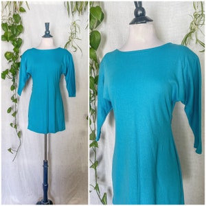 Vintage 80s Jersey Knit Dress / Turquoise Dress  / Teal Dress w/ Shoulder Pads / Turquoise Mini Dress / Dolman Kimono Sleeves
