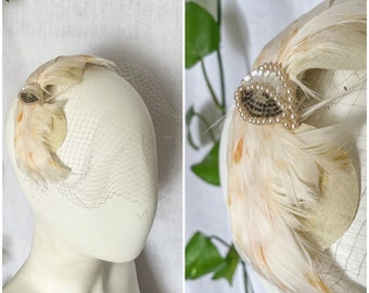 Vintage Feather Netted Headband / Vintage Bridal Headband Hat / Ivory White, Peach, Beaded Pearl & Sequin W/ Veil / Wedding Formal Headband