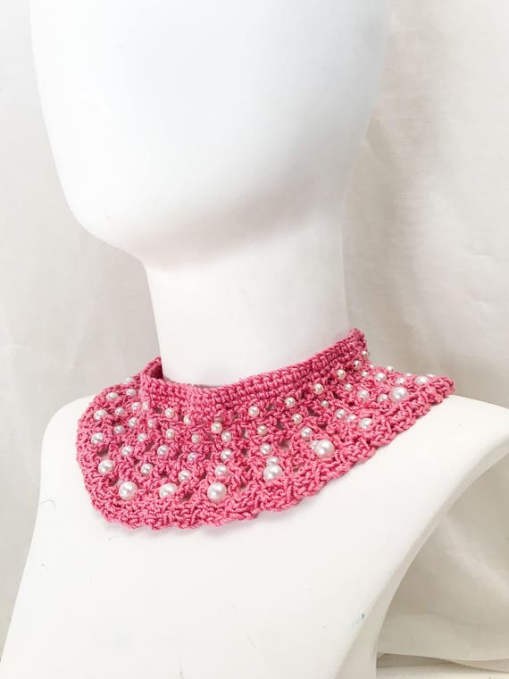 Vintage Knit Crochet Pearl Collar // Pink Knit Co… - image 5