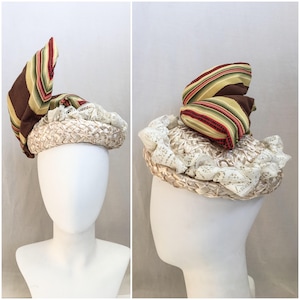 Vintage Hat // 1950s - 1960s does 1800s // Michelle Straw Hat w/ Added Lace & Removable Wired Movable Fabric Covered Wings Style Design