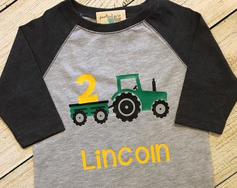Personalized Tractor Birthday Raglan Shirt, Green or Red Tractor