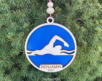 Personalized Wooden Swimmer Ornament, Swim Team Gift