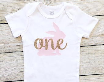 Bunny "one" | Bodysuit | Somebunny | First Birthday | Spring | Baby Girl | Rabbit | Pink and Gold | Easter | Glitter