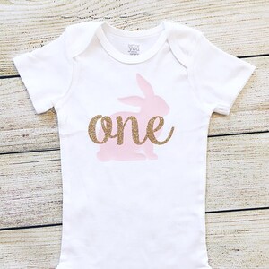 Bunny &quot;one&quot; | Bodysuit | Somebunny | First Birthday | Spring | Baby Girl | Rabbit | Pink and Gold | Easter | Glitter