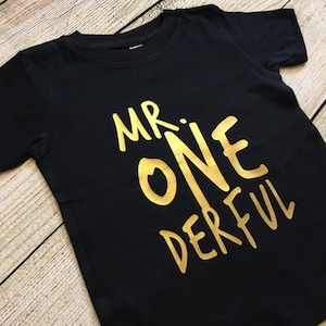 Mr. ONEderful First Birthday Shirt, Shirt for First Birthday Boy, Mr. ONE derful Party, Mr. Wonderful Shirt, Black and Gold First Birthday