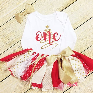 Red and Gold Christmas, Holiday First Birthday Outfit | Gingerbread Smash | Outfit for Pictures | Fabric Tutu | 1st bday | December Baby
