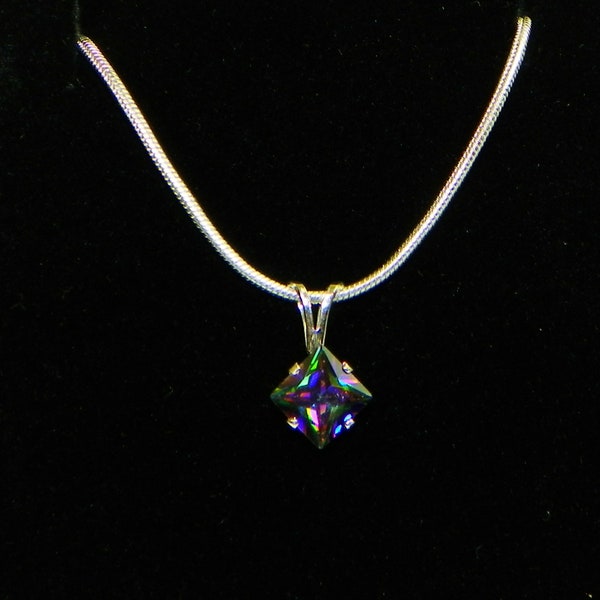 Princess Rainbow Fire Mystic Topaz Sterling Silver Pendant w/ Chain Necklace