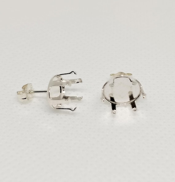 Pair Of Oval Sterling Silver 6-Prong Pre-Notched Earring Settings (5x3mm To 10x8mm Sizes)