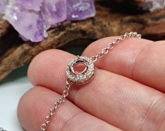 NEW! (5mm - 8mm) Round with CZs Halo Pre-notched Rhodium Sterling Silver Bracelet Setting (W15-RB-1)
