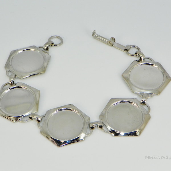 Bracelet Setting 18mm Round (or smaller) Silver Plated Hexagonal Cabochon (Cab)