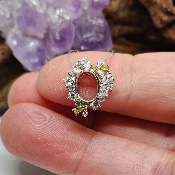 NEW! (8x6 - 10x8) Oval with CZs Firefly Slide Pre-notched Rhodium Sterling Silver Pendant Setting  (W15-FPO-1)