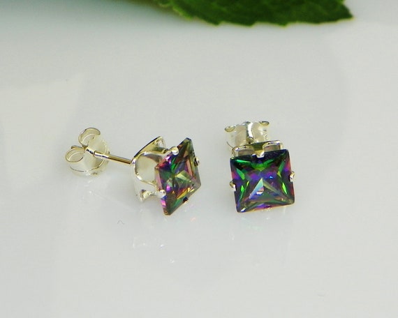 Genuine Fire Mystic Topaz PRINCESS Cut Sterling Silver Earrings Gift Box Included