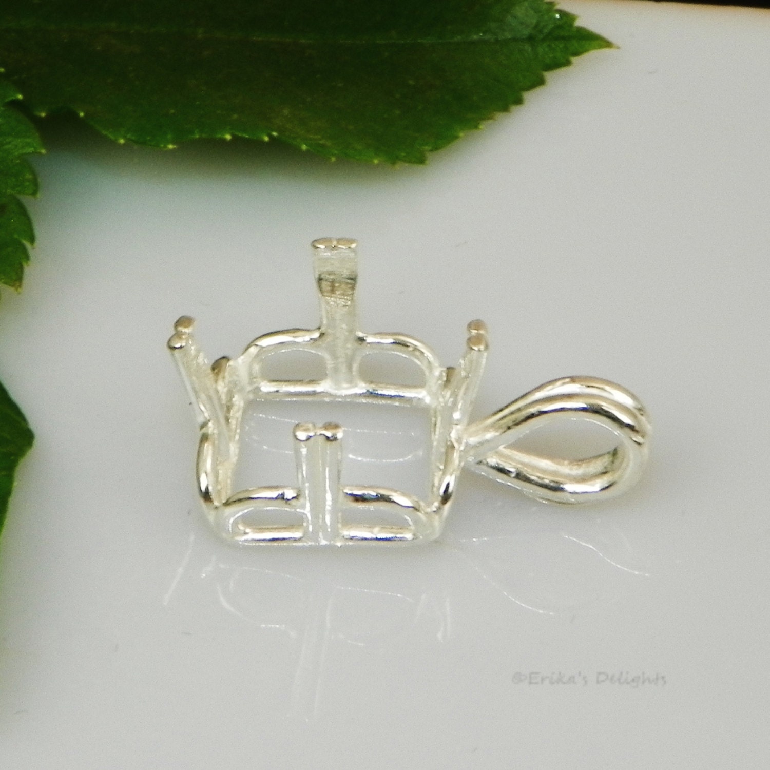 Sterling Silver Square Pendant Setting | Pre-Notched 10mm-14mm, 925 Silver Prong