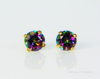 GOLD Plated Fire Mystic Topaz Round Diamond Cut Stud Earrings (Free Gift Box)