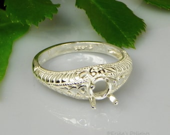 Runde gravierte Schaft (4 mm - 6 mm) Sterling Silber Vorgekerbte Ringfassung (ID # 163-826)
