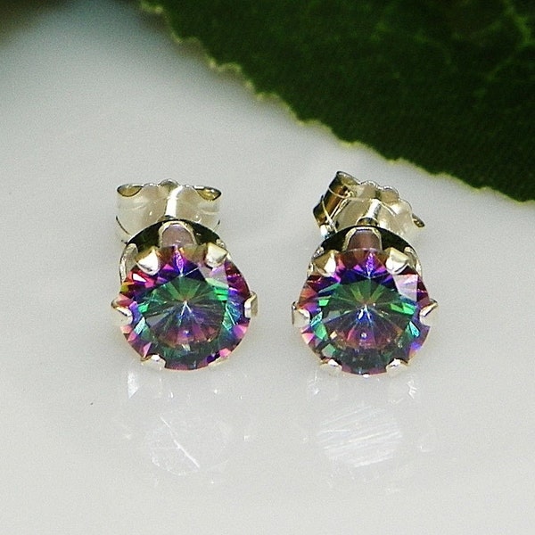 Genuine Fire Mystic Topaz Round Diamond Cut Sterling Silver Earrings (Gift Box Included)