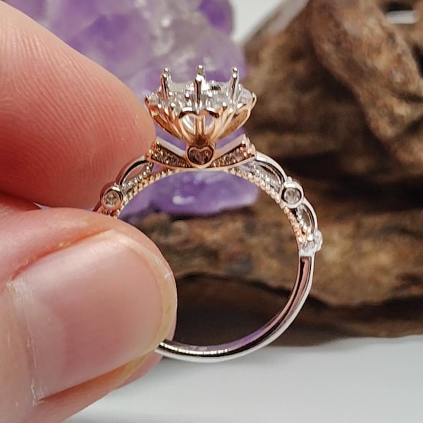NEW! 6-6.5mm Round Crown Style with CZs Rose Gold & Rhodium Sterling Silver Pre-Notched RING Setting (W15-FRR-5)