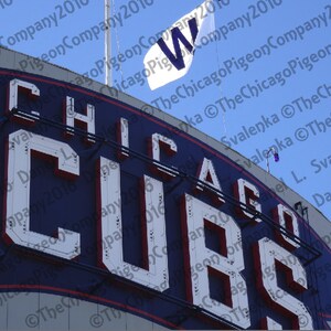 May include: A sign for the Chicago Cubs baseball team. The word "CUBS" is prominently displayed in large, white, illuminated letters against a navy blue background. A white flag with a blue "W" flies above. The sky is a clear blue.