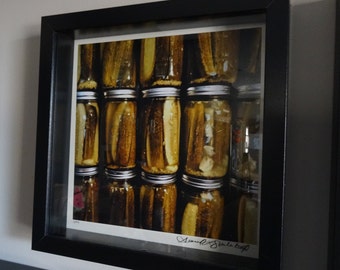 PICKLES- Framed photograph of jars of pickles from my garden- 9x9 frame/shadowbox/ Pickle photograph/ Pickle photo