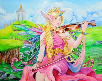 The Fiddler Fae Original Oil Painting 12x16 Wood Panel Canvas