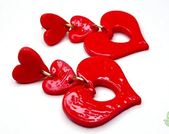Red Heart Valentine Dangle Polymer Clay Handmade Earrings