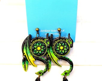 Black & Green Dragon Dreamcatcher Dangle Handmade Polymer Clay Earrings