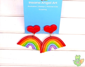Heart and Rainbow Dangle Polymer Clay Earrings