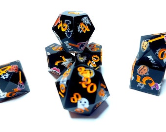 Monster Mash Halloween Dice, Spooky Dice for Role Playing Games, Sharp-Edged DnD Dice Set, RPG, Black Dice