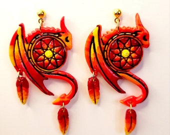 Fire Dragon Dreamcatcher Dangle Handmade Polymer Clay Earrings