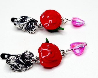 Rose Heart Polymer Clay Handmade Dangle Earrings