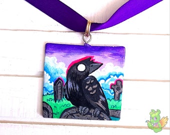 Raven in the Mist Gouache Handpainted Mini Painting Necklace