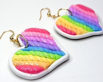 Large Rainbow Heart Polymer Clay Handmade Dangle Earrings