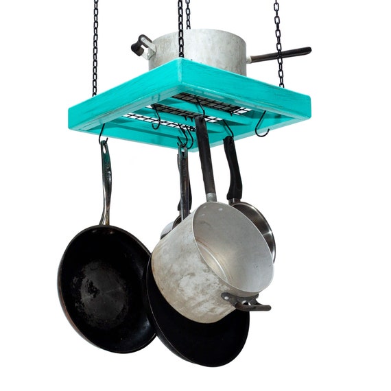 Hanging Pot Rack Wooden Ceiling Mounted Square Small Sturdy Steel Grid Hang Kitchen Pots And Pans