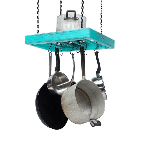 Hanging Pot Rack Wooden Ceiling Mounted Rectangular Small Sturdy Steel Grid Hang Kitchen Pots And Pans